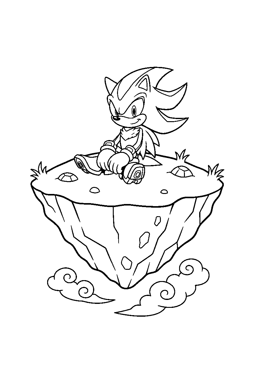 sonic shadow sitting peacefully on a floating hilltop line art
