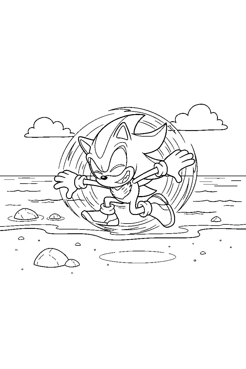 sonic shadow spinning happily near a peaceful shoreline line art
