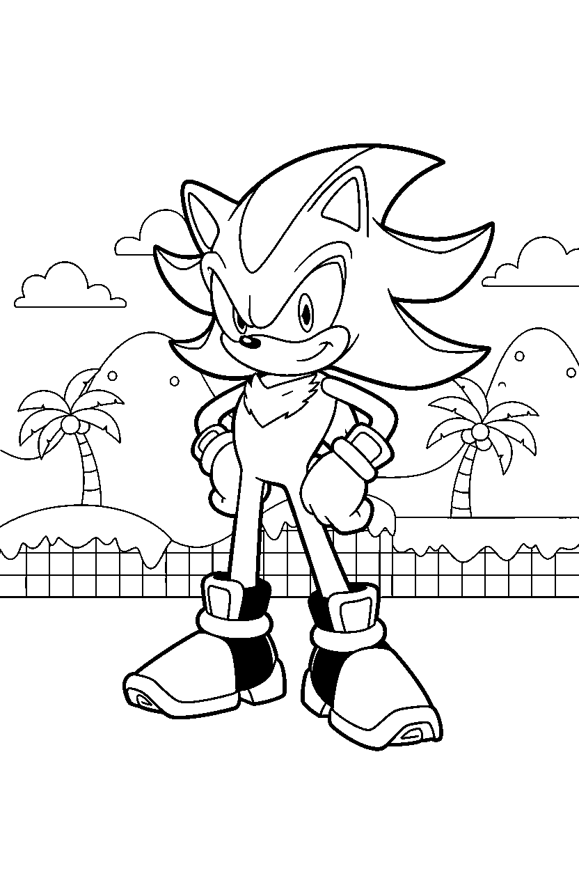 sonic shadow standing bravely in green hill zone line art