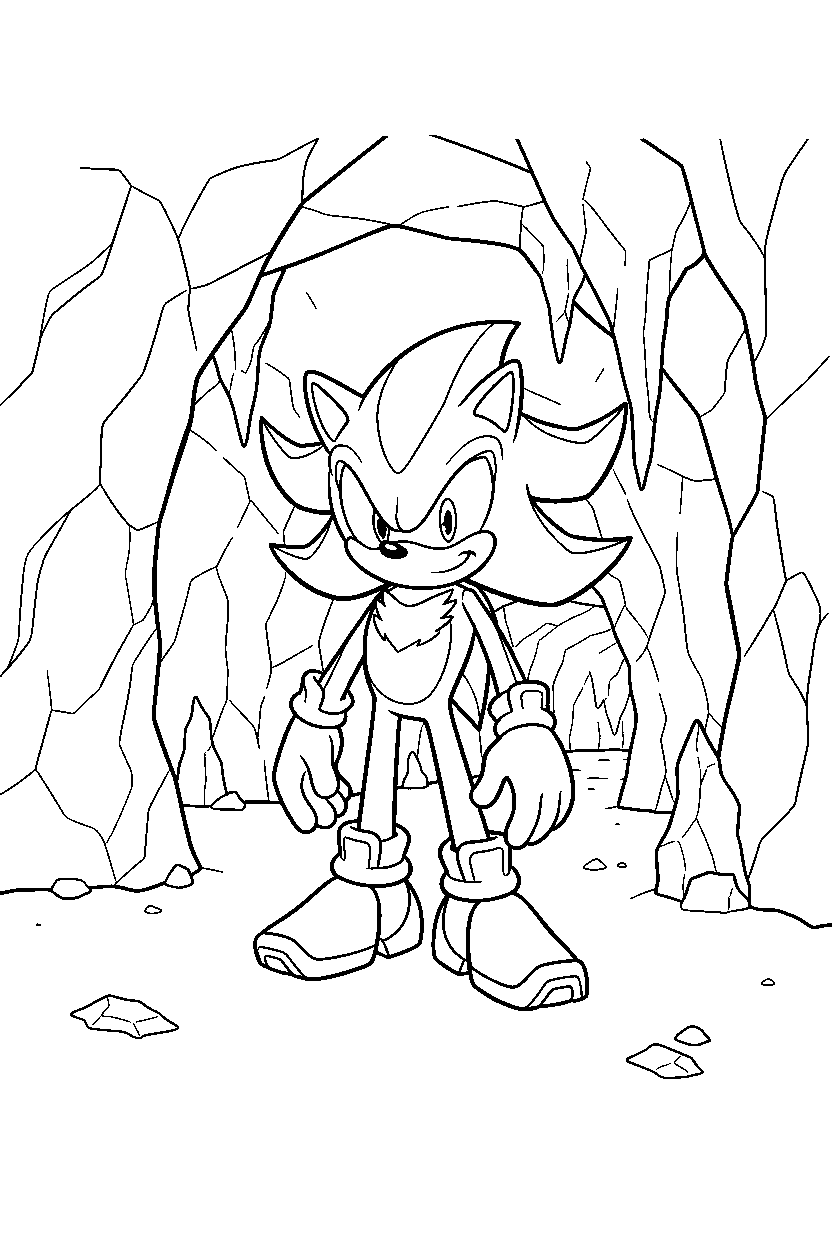 sonic shadow standing calmly in icy cave line art