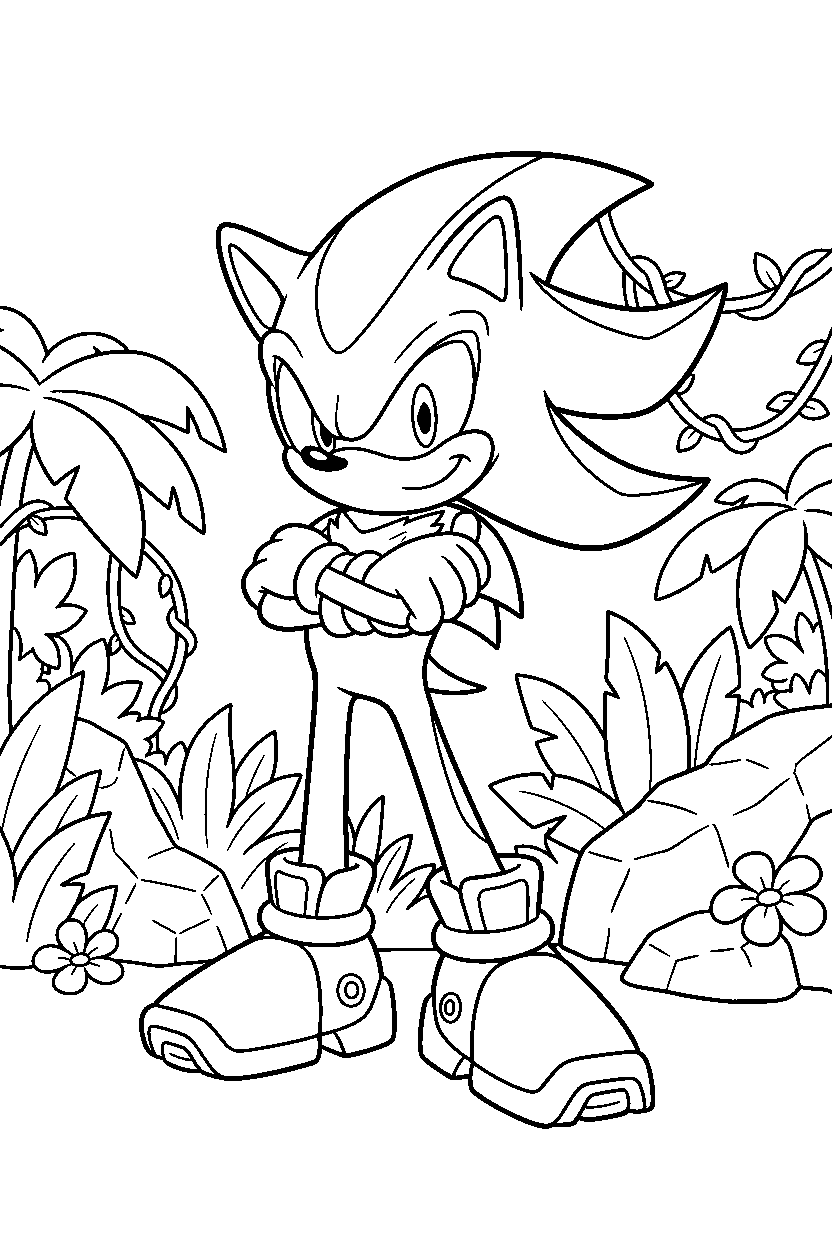 sonic shadow standing confidently in jungle line art