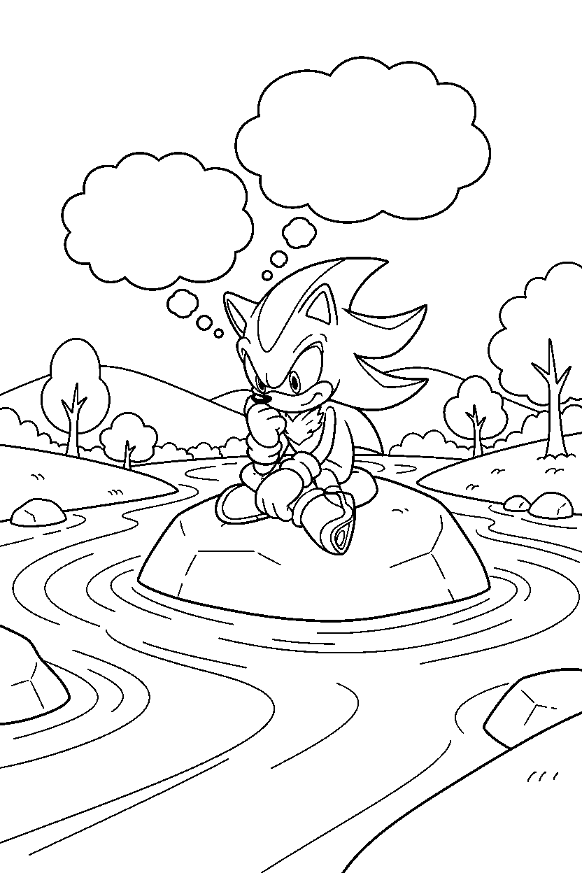 sonic shadow thinking in river area line art