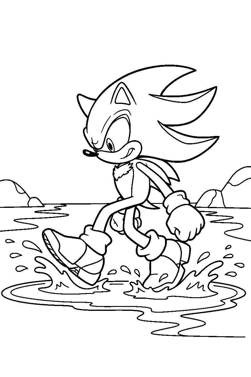 sonic shadow walking in water line art