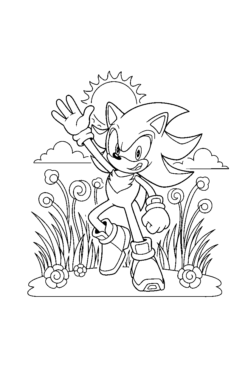 sonic shadow waving happily in a glowing grassland line art