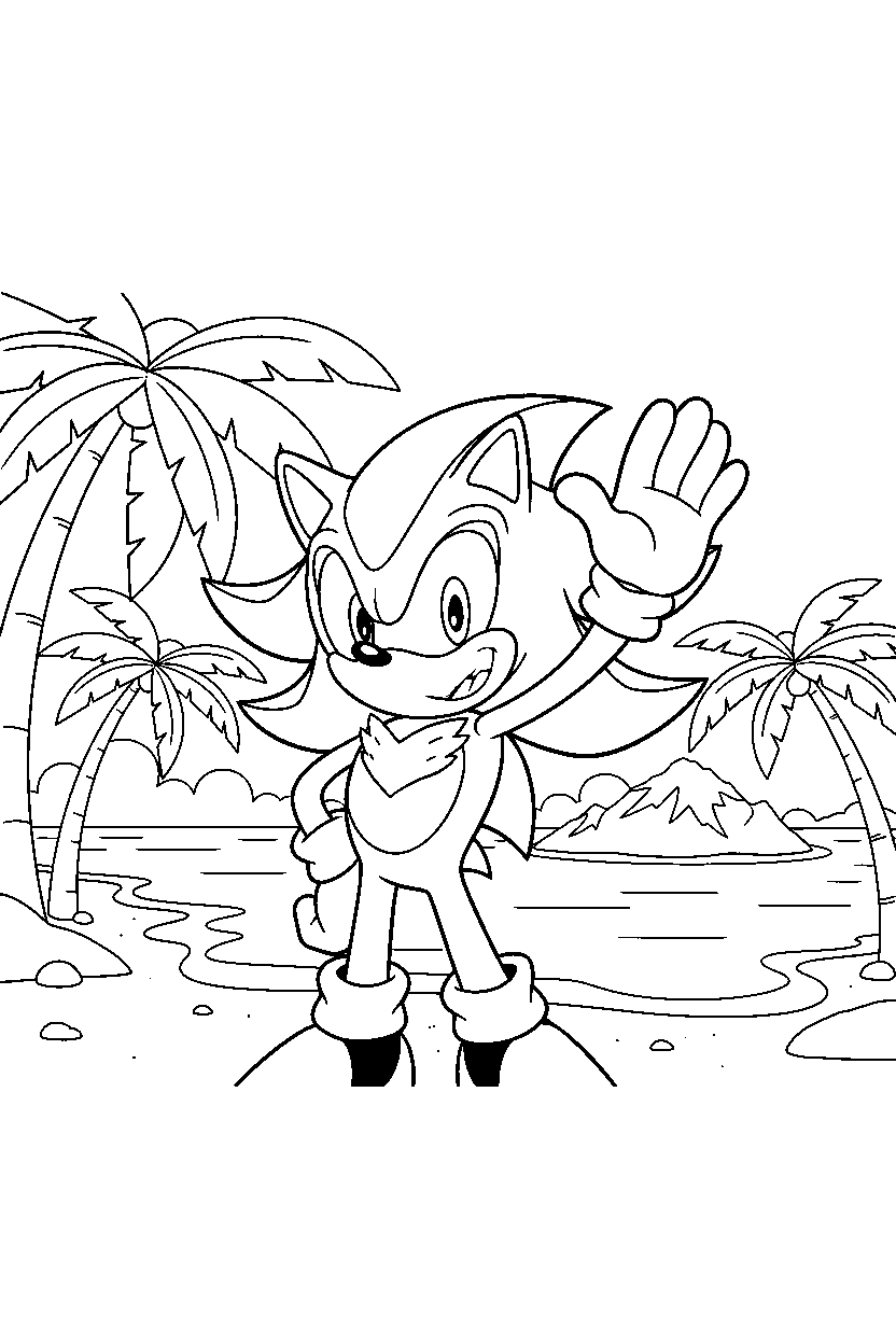 sonic shadow waving happily on a tropical coast line art