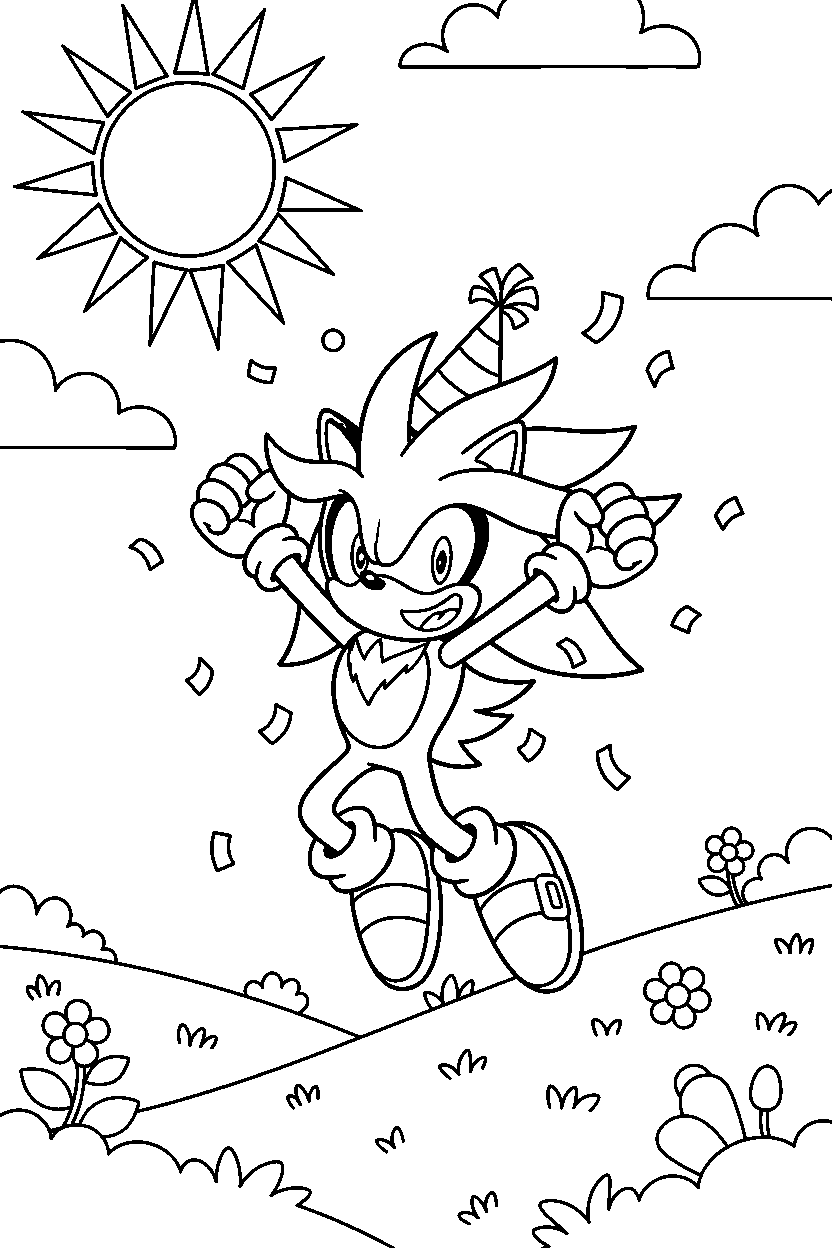 sonic silver celebrating happily in a peaceful grassland line art