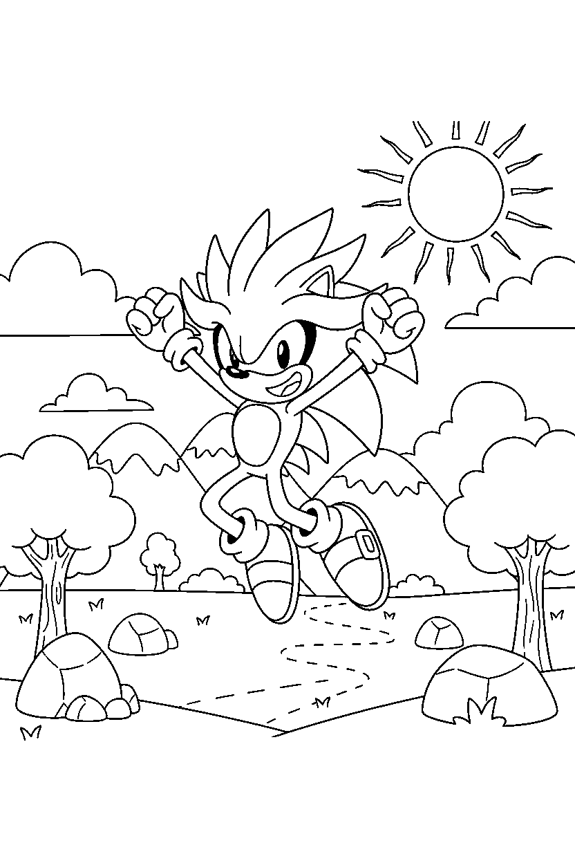 sonic silver celebrating happily in a sunny adventure zone line art