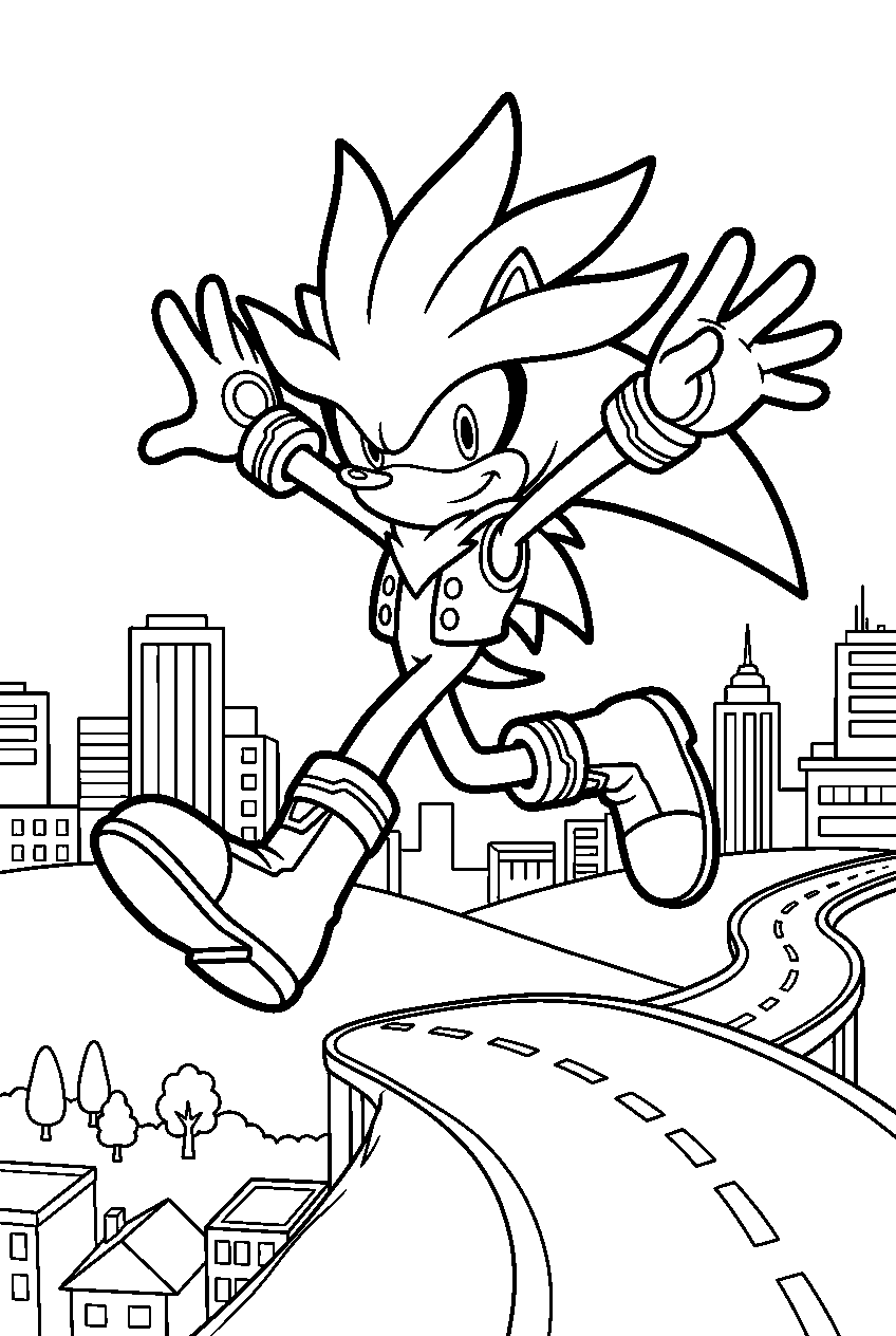 sonic silver jumping in city escape line art