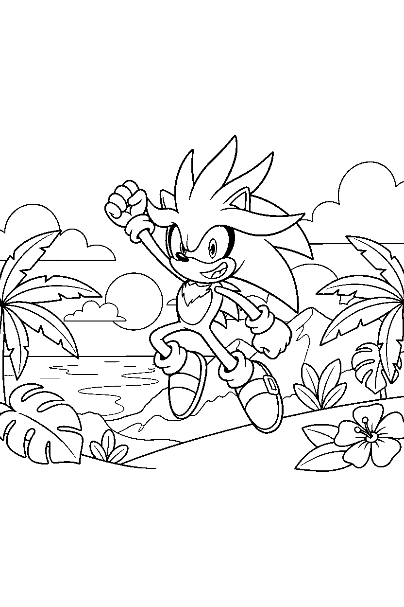 sonic silver looking excited on a tropical hillside line art