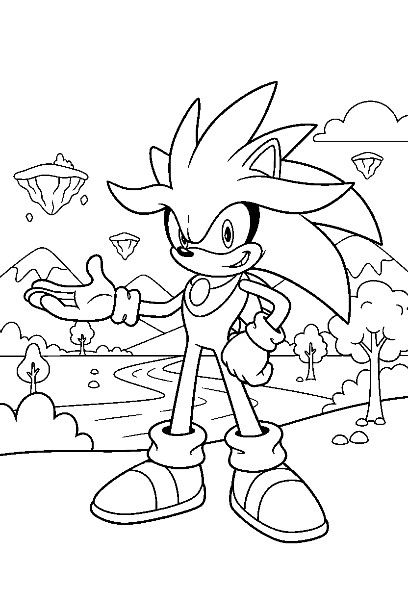 sonic silver posing proudly in a fantasy valley line art