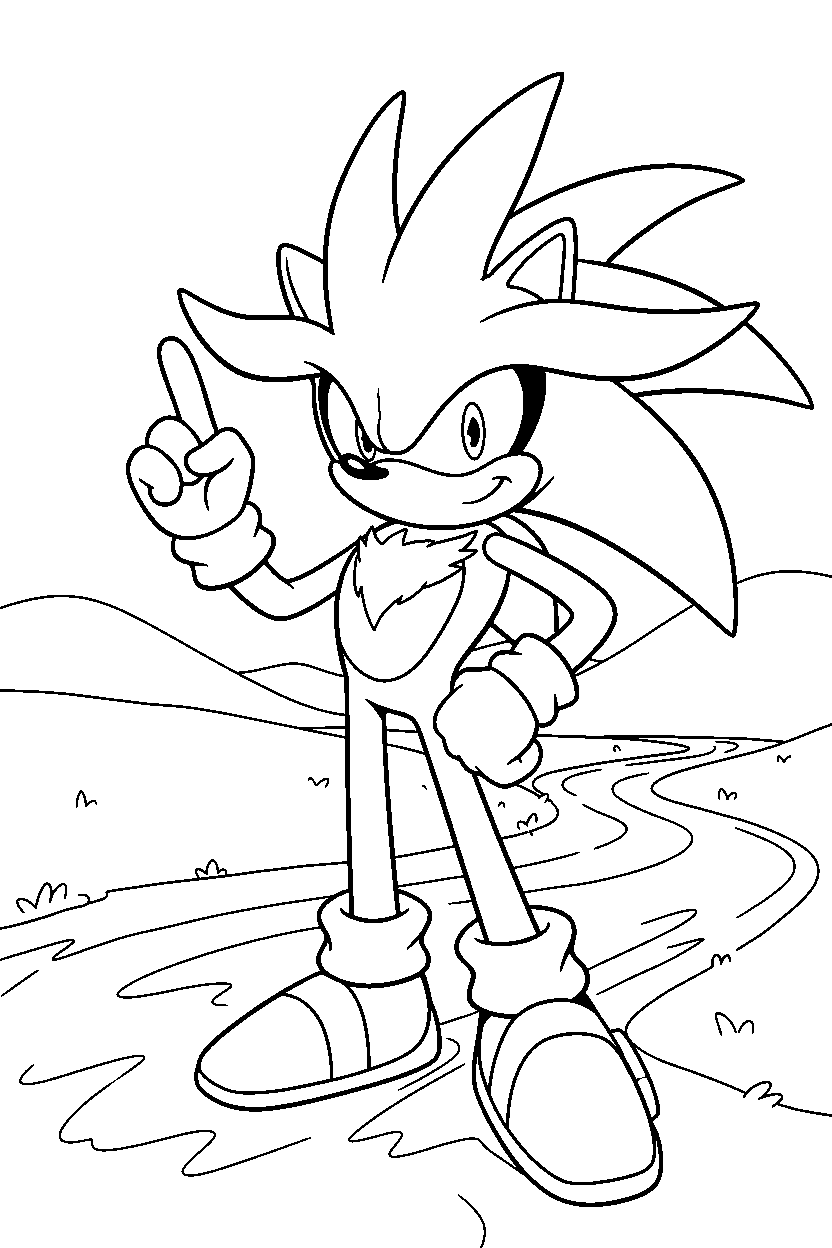 sonic silver posing proudly near a river line art