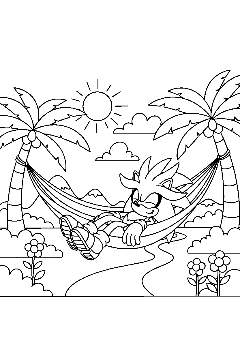 sonic silver relaxing peacefully in a bright adventure land line art