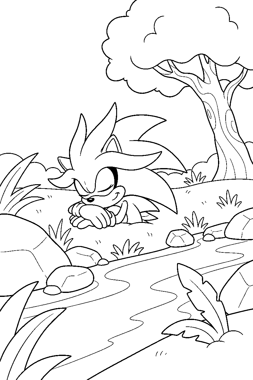 sonic silver resting peacefully near a peaceful riverbank line art
