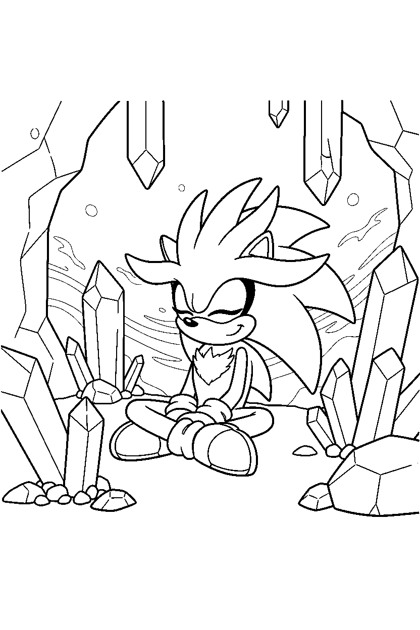 sonic silver sitting peacefully in a crystal cave line art
