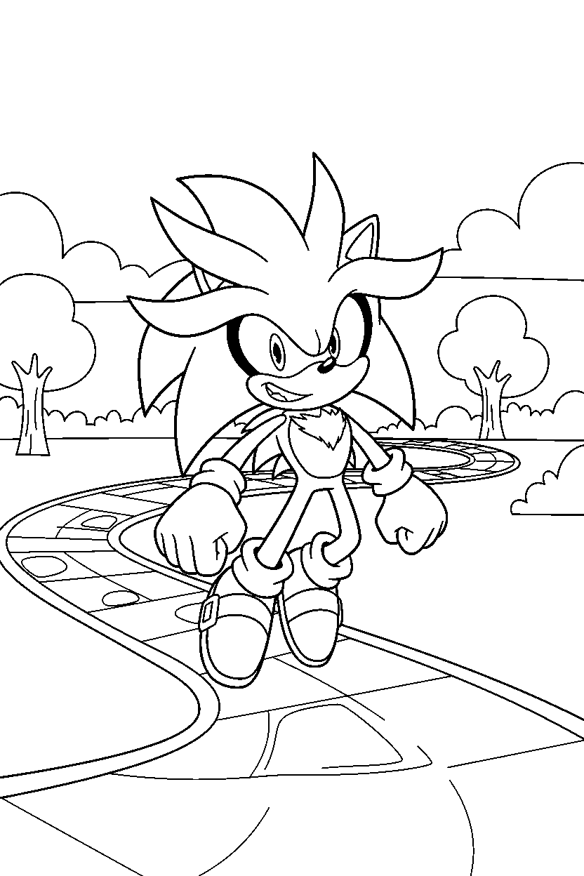 sonic silver smiling on pathway line art
