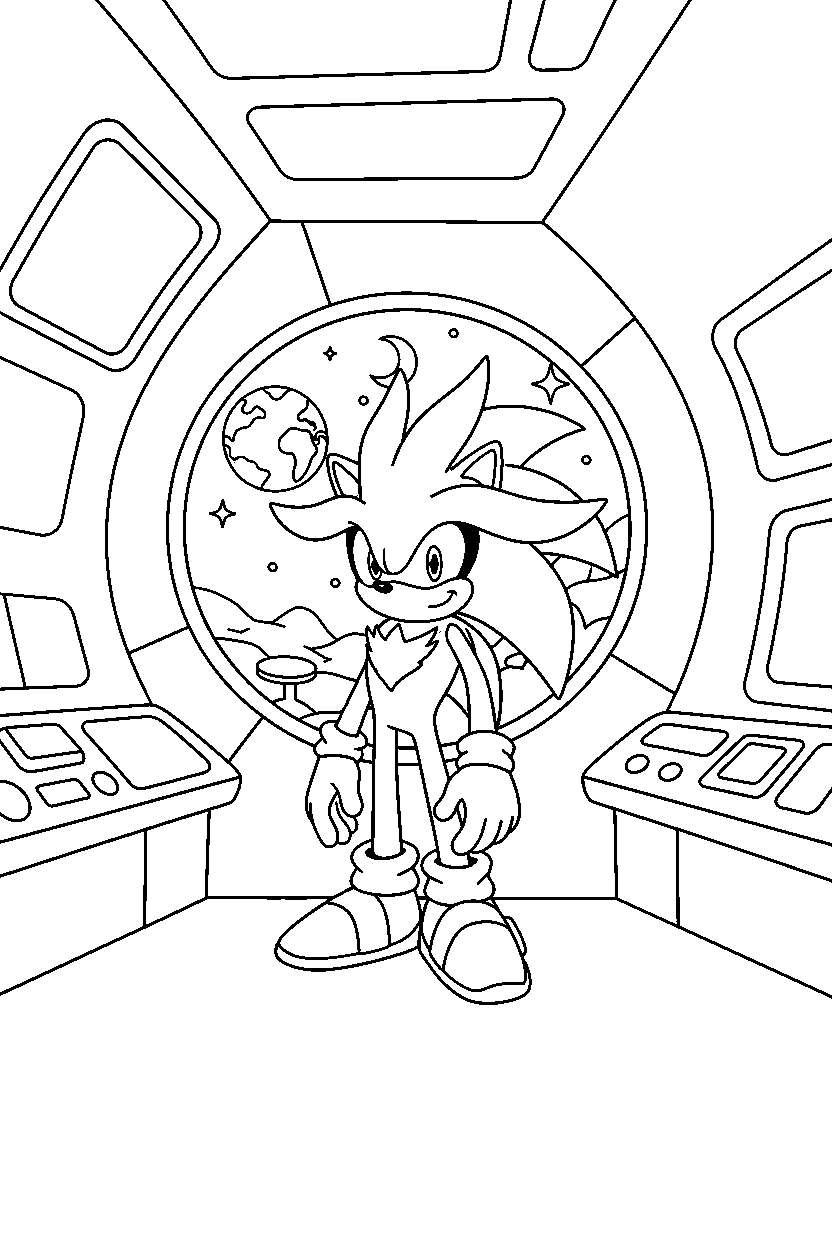 sonic silver standing calmly in space station line art