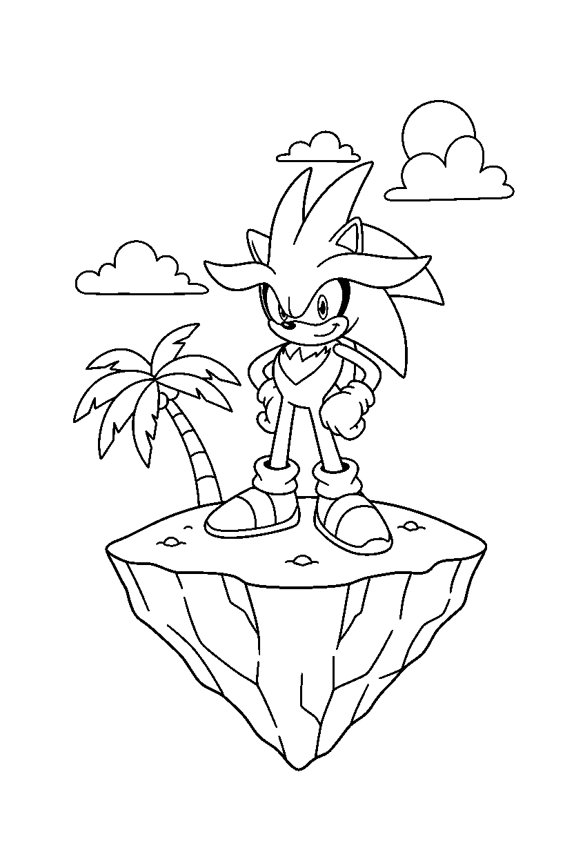 sonic silver standing confidently in floating island line art