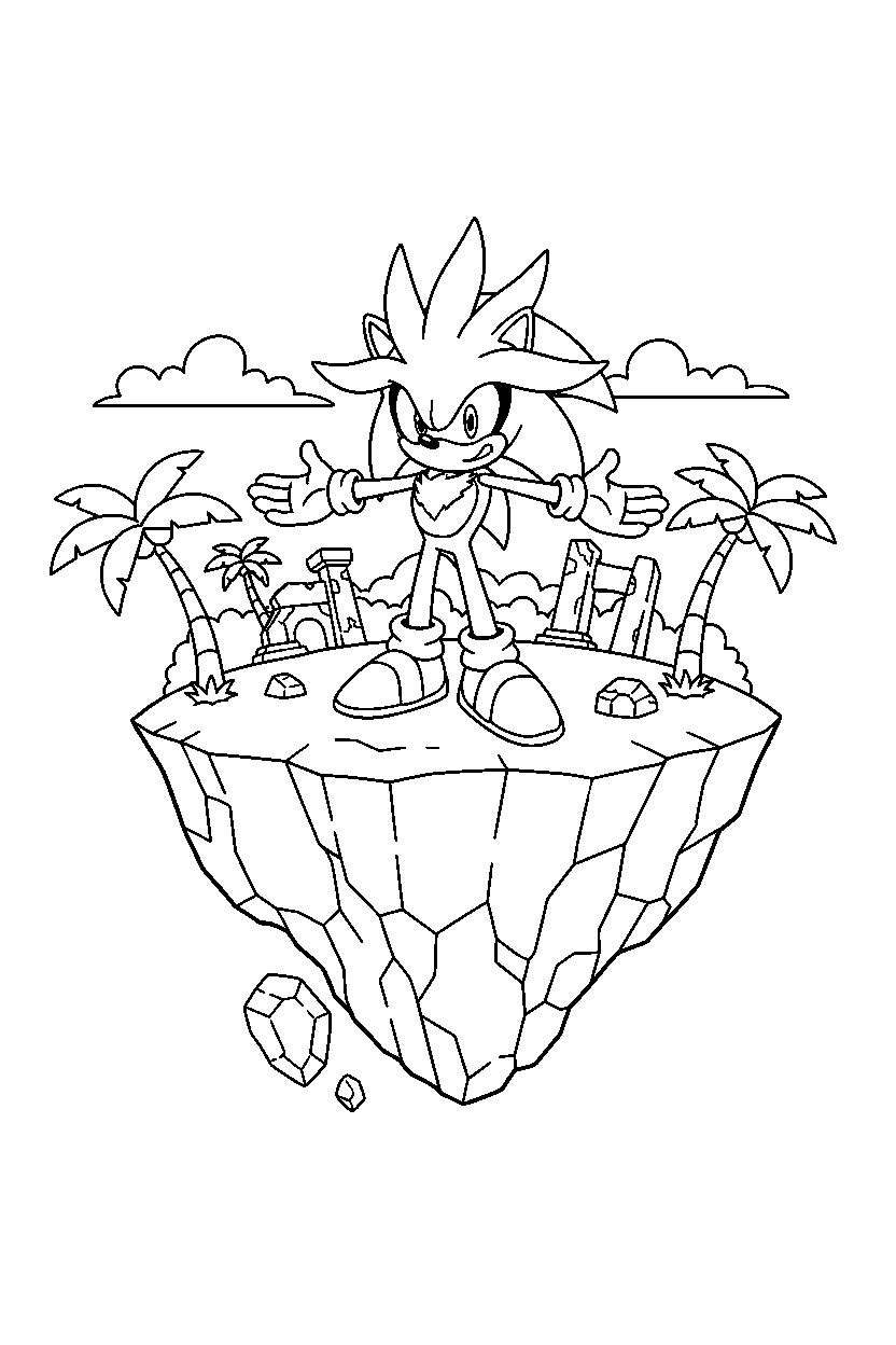 sonic silver standing in floating island line art