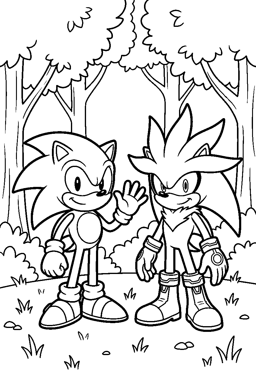 sonic silver standing in green forest line art