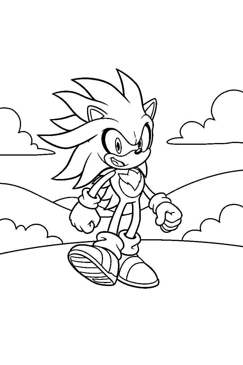 sonic silver walking happily near rolling hills line art