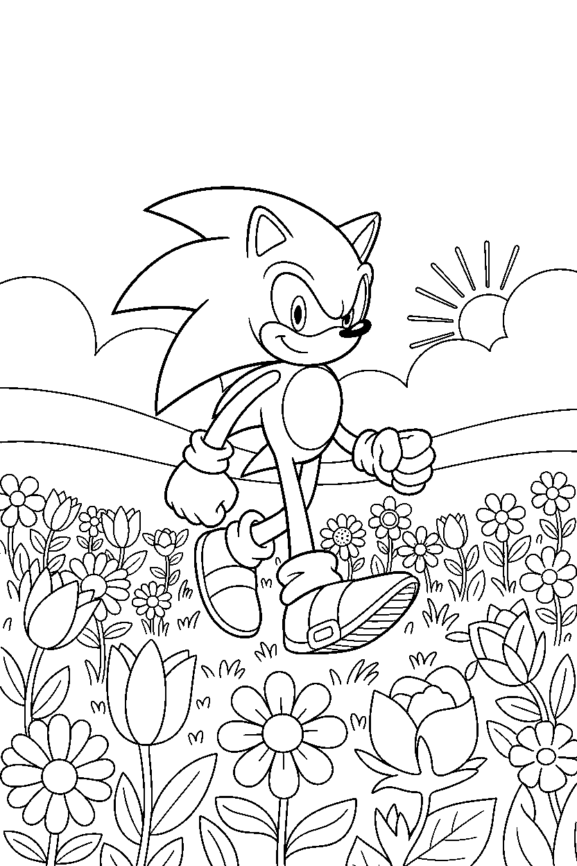 sonic silver walking proudly in a flower field line art