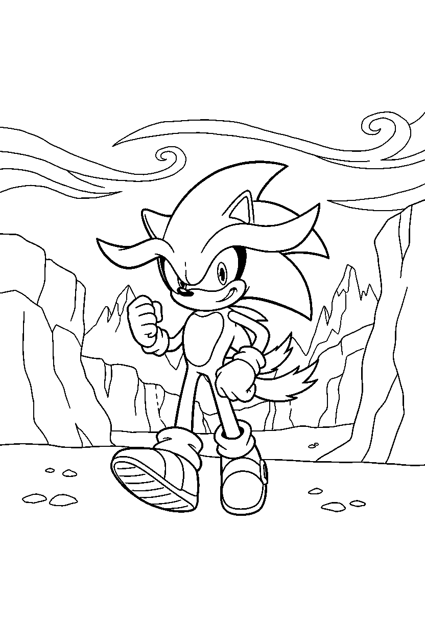 sonic silver walking proudly in a windy canyon line art
