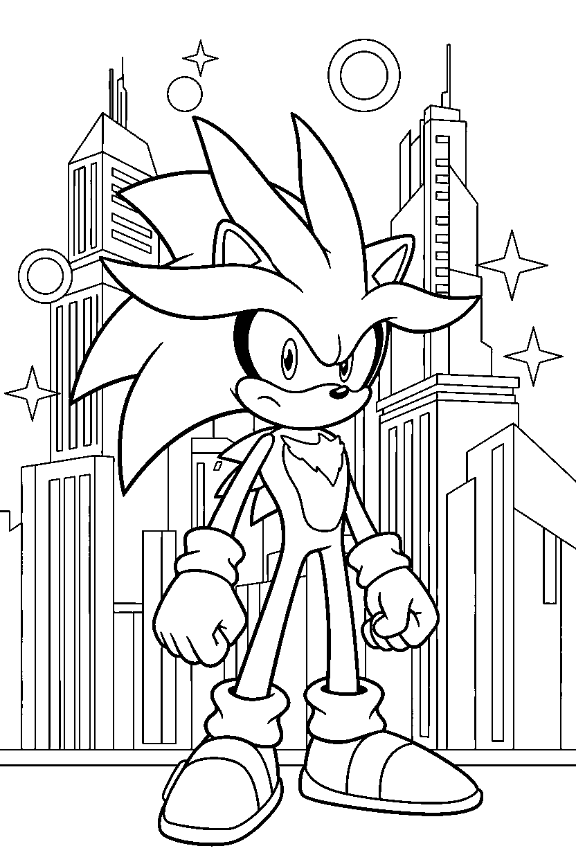 sonic silver watching in neon city line art