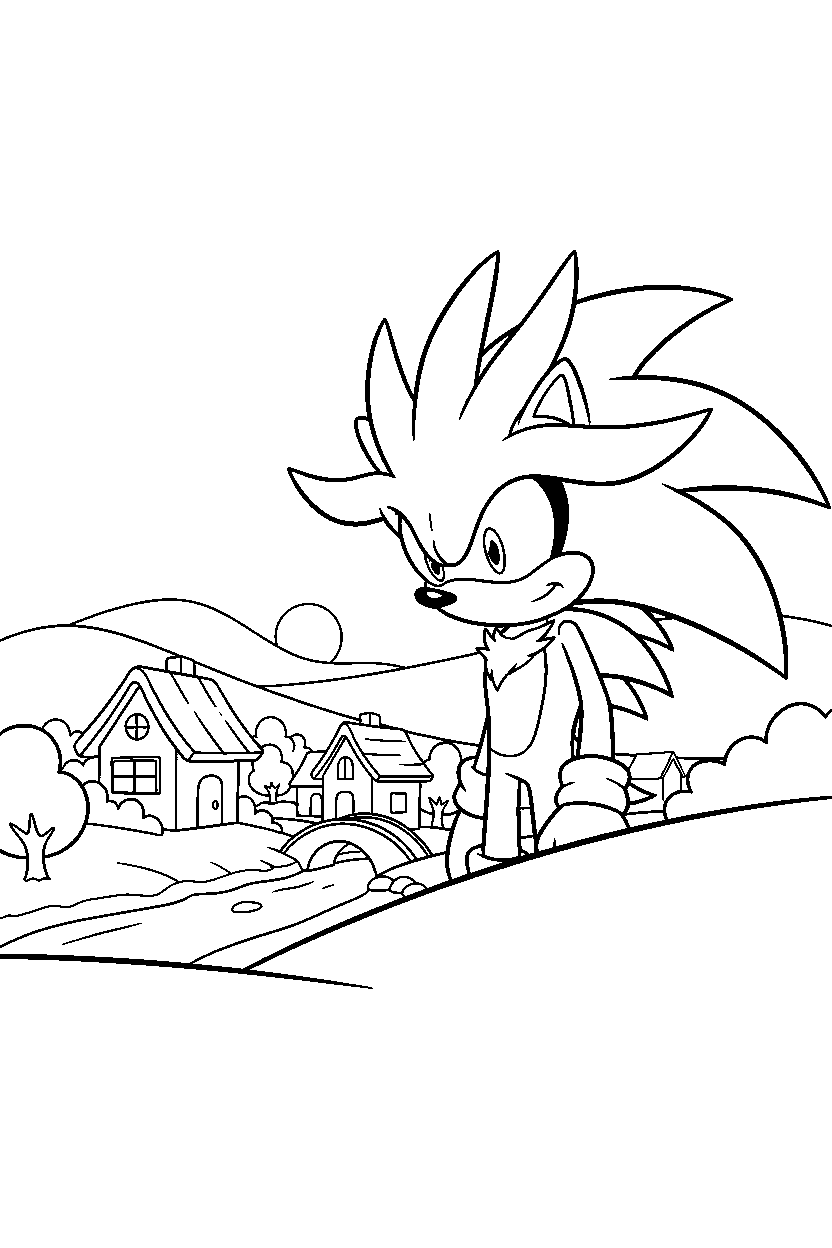 sonic silver watching in village line art