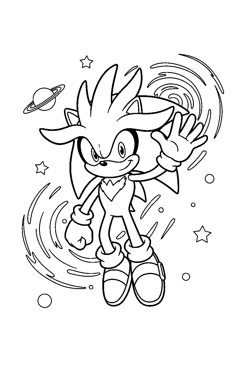 sonic silver waving in outer space line art