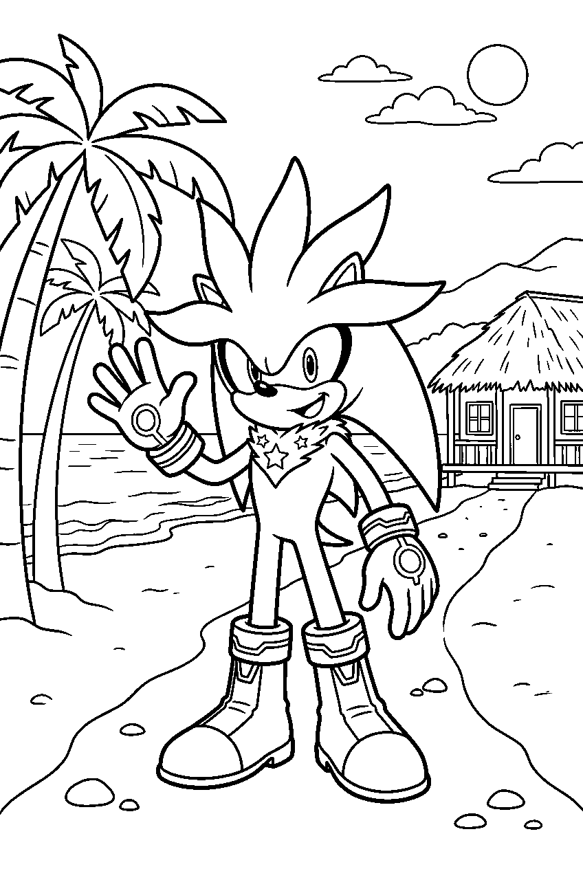 sonic silver waving in tropical resort line art