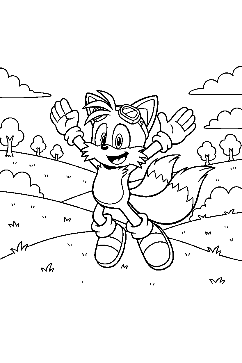 sonic tails celebrating happily in a grassy valley line art