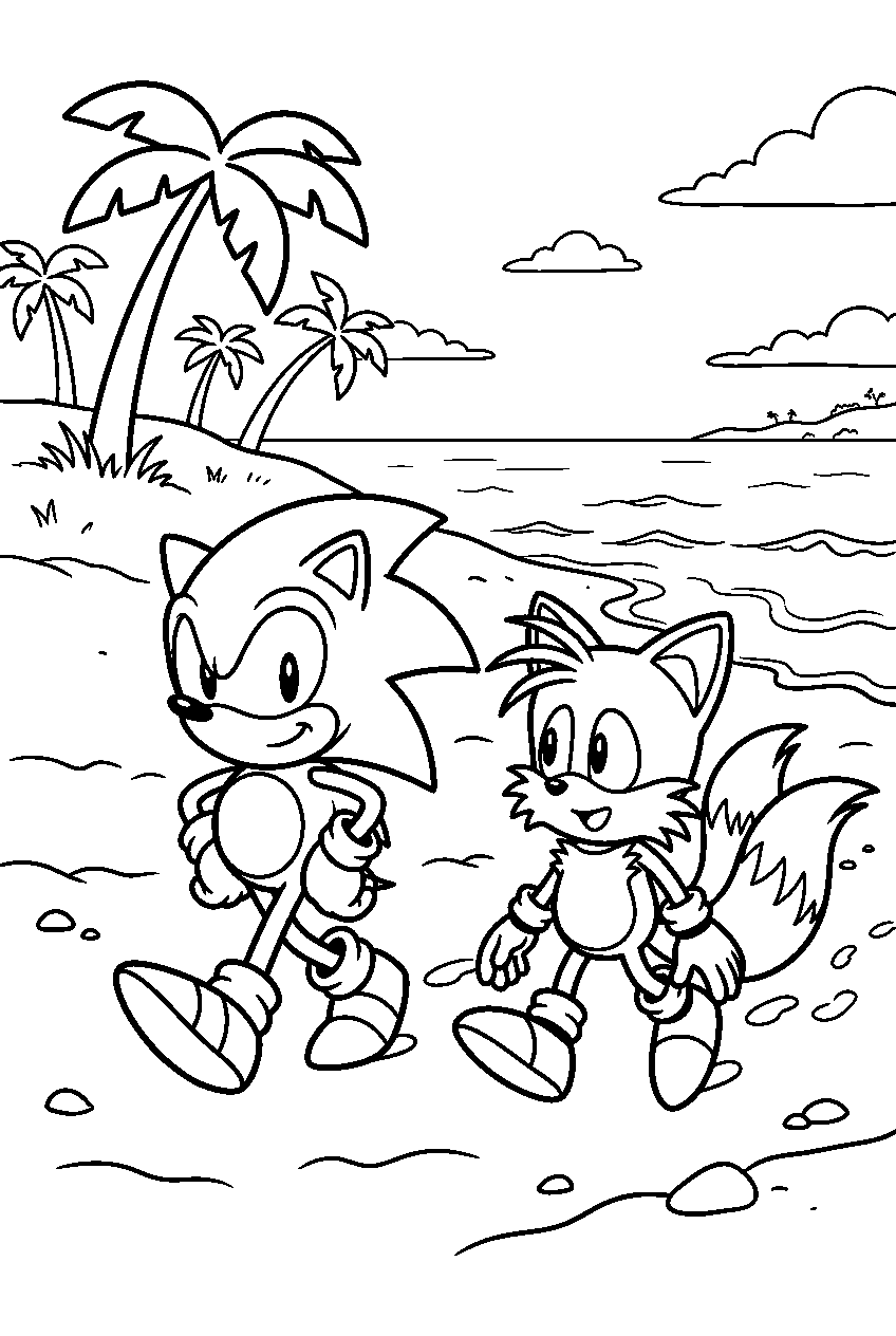 sonic tails exploring in beach area line art