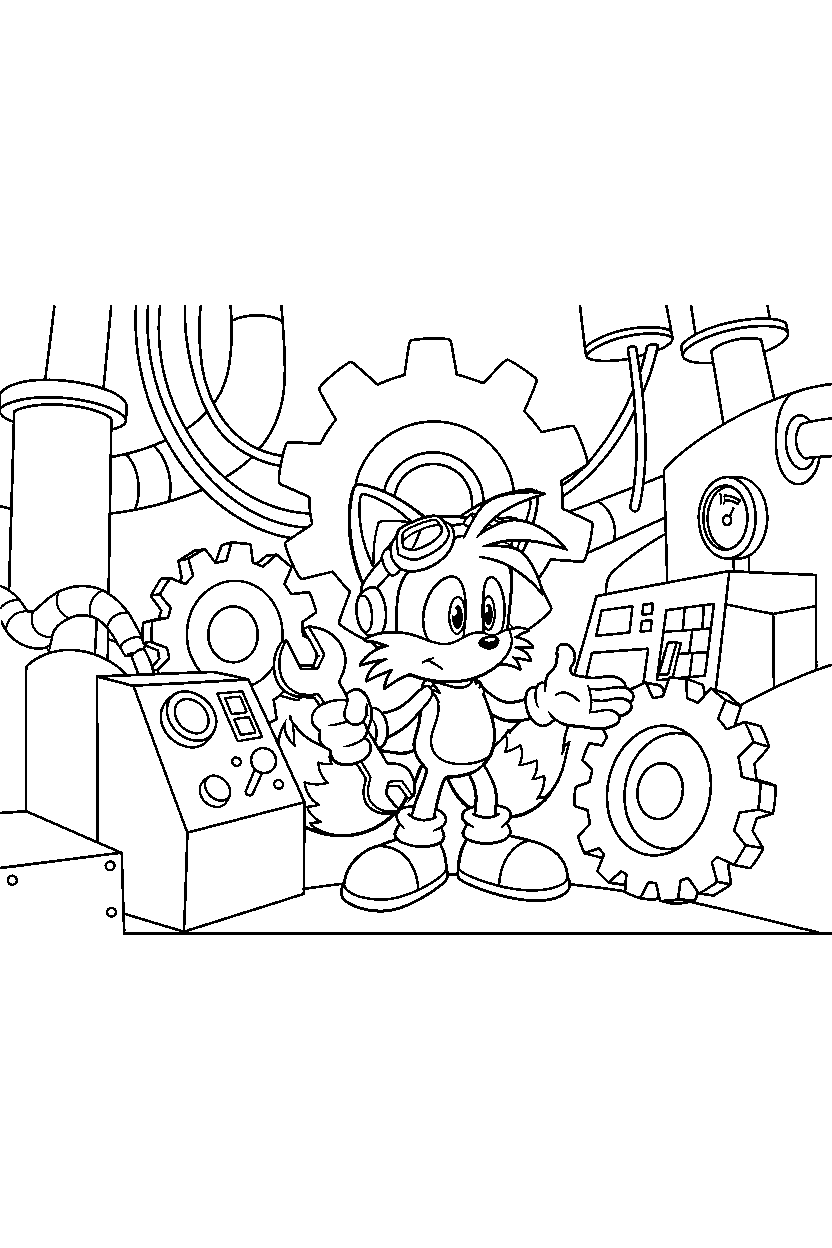 sonic tails exploring in machine area line art
