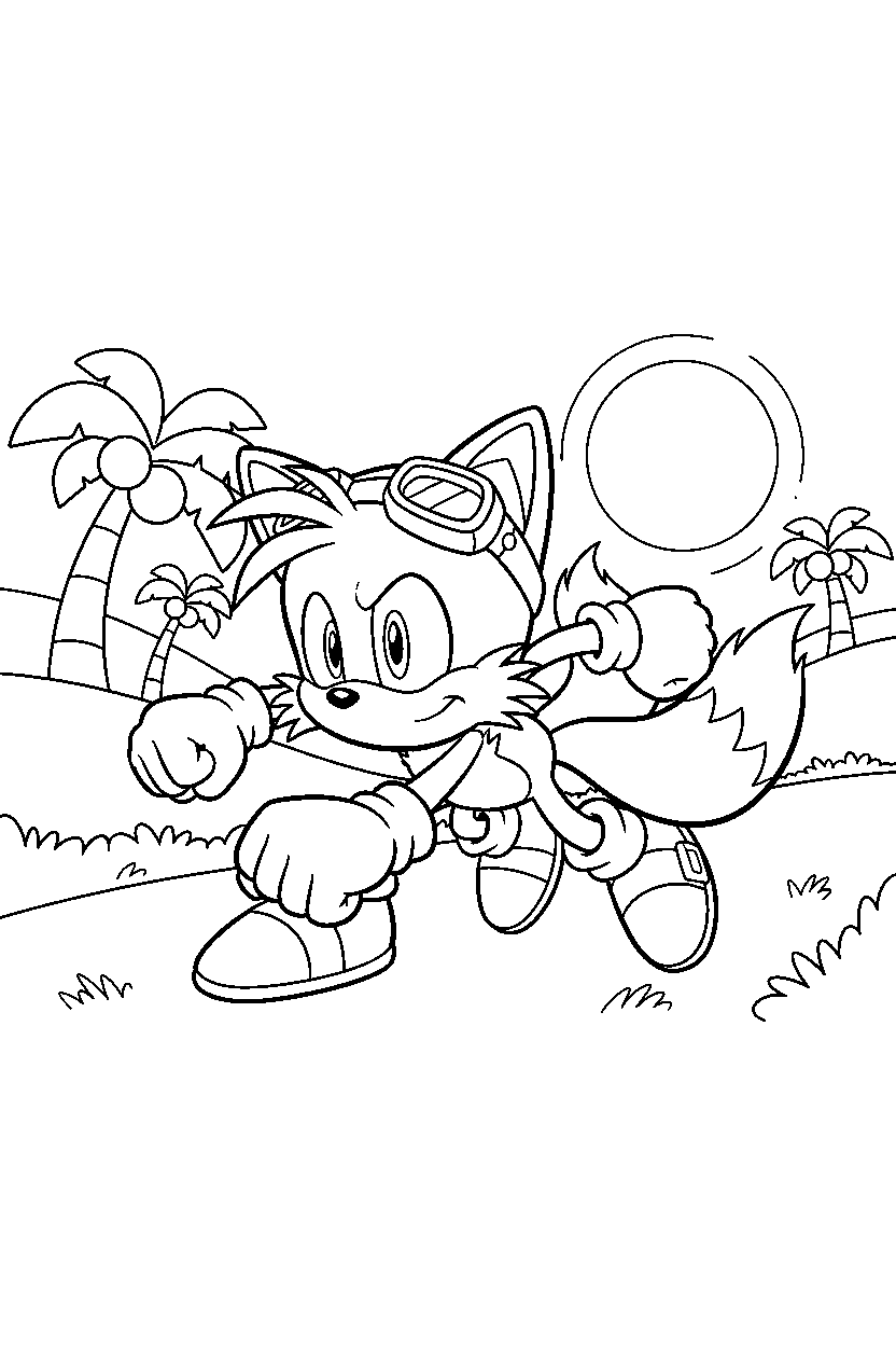 sonic tails getting ready to run in a sunny hill zone line art
