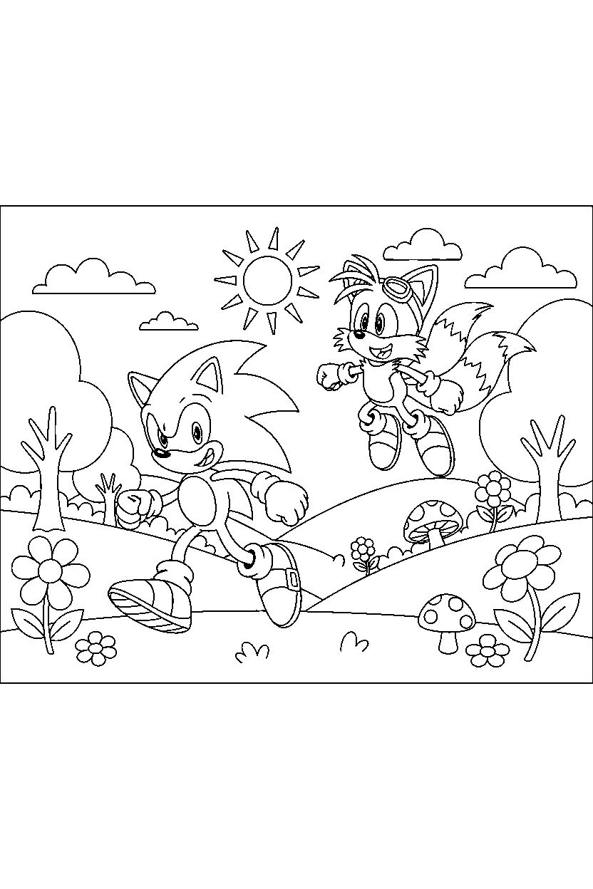 sonic tails looking happy in a colorful valley line art