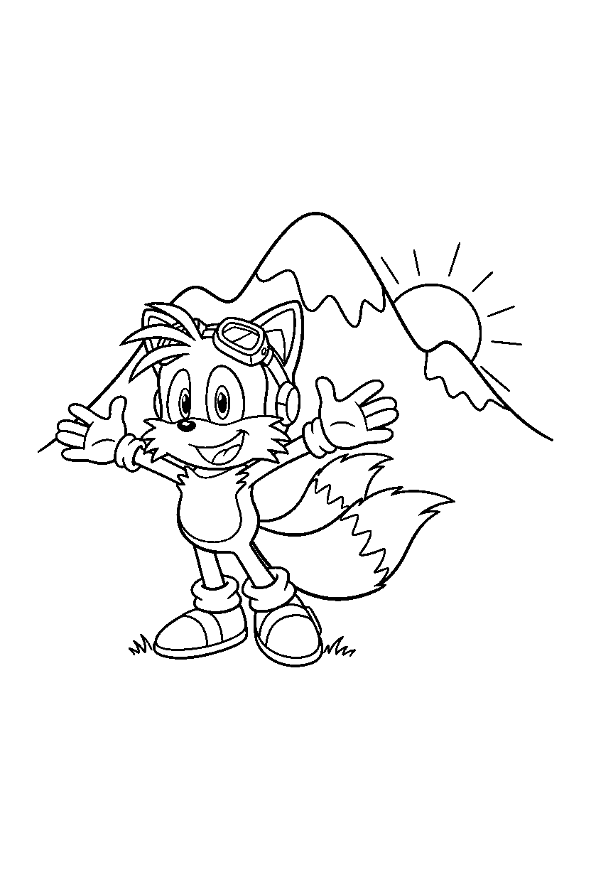 sonic tails looking happy near a mountain line art