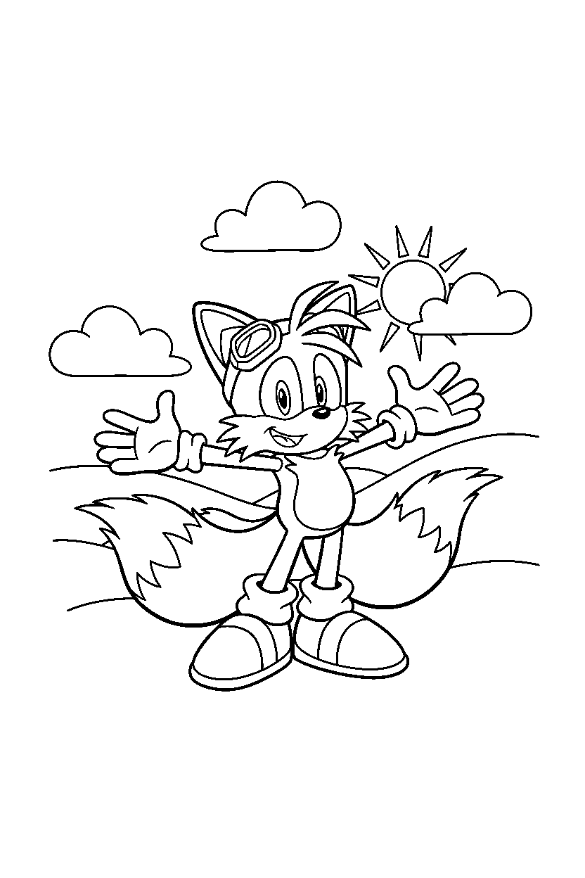 sonic tails looking happy near rolling hills line art