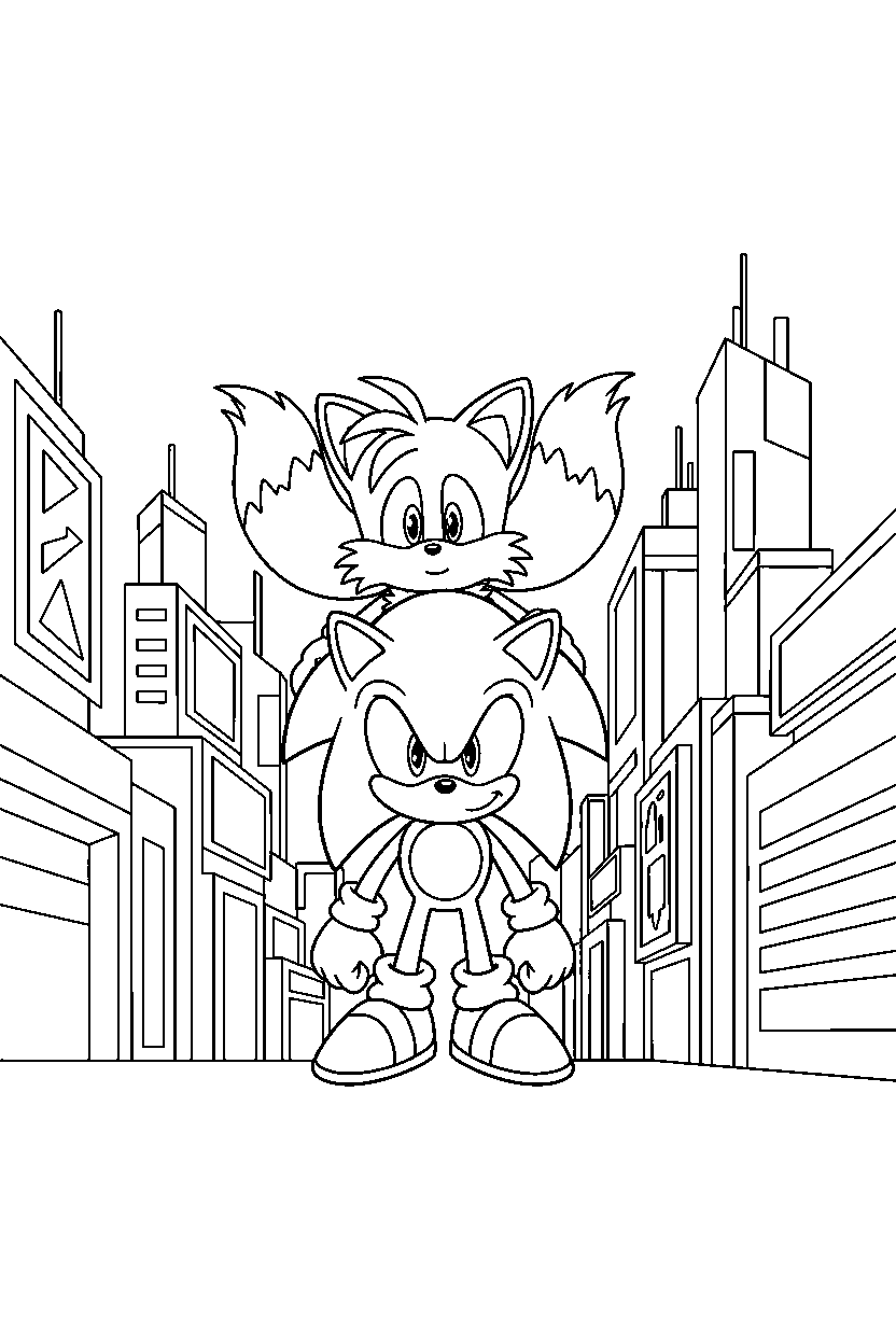 sonic tails pointing in neon city line art
