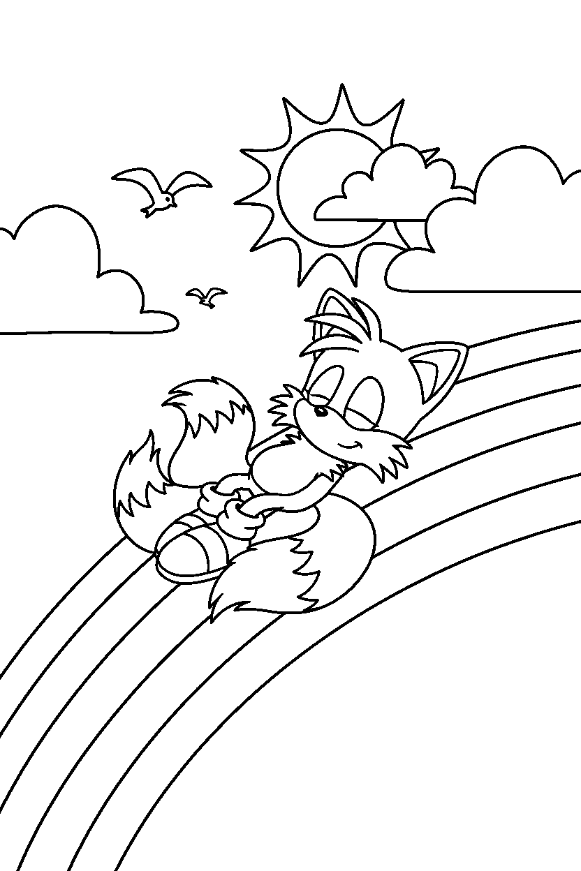 sonic tails relaxing peacefully on a rainbow hillside line art