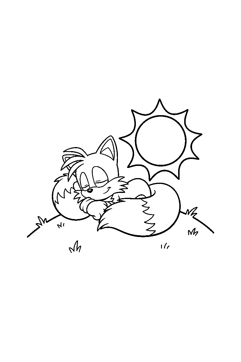 sonic tails resting peacefully on a sunny hill line art