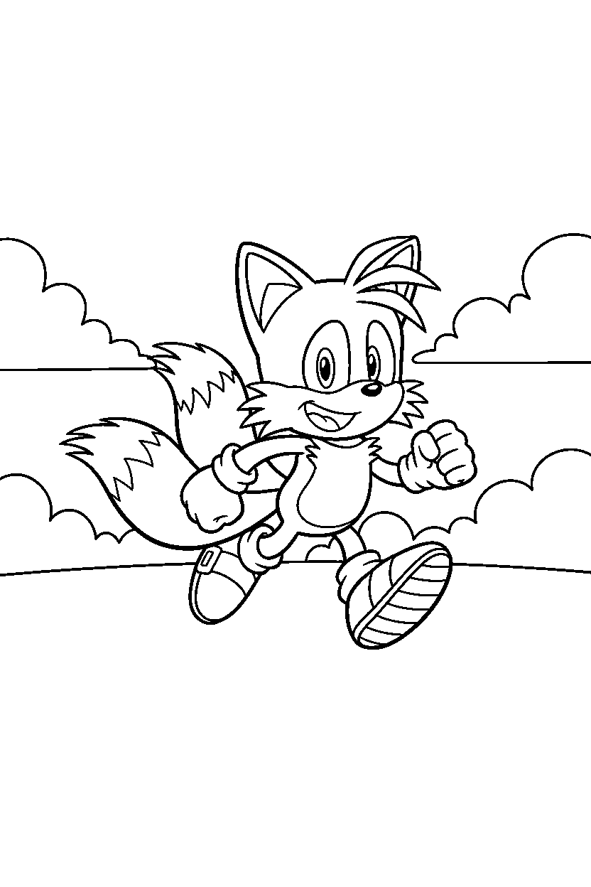 sonic tails running happily in a wide open field line art