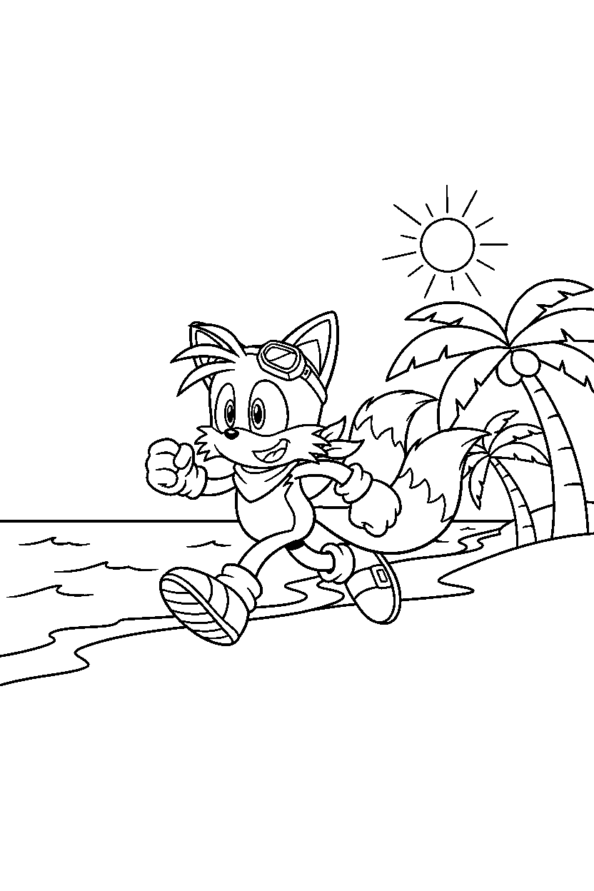 sonic tails running happily near a sunny coastline line art