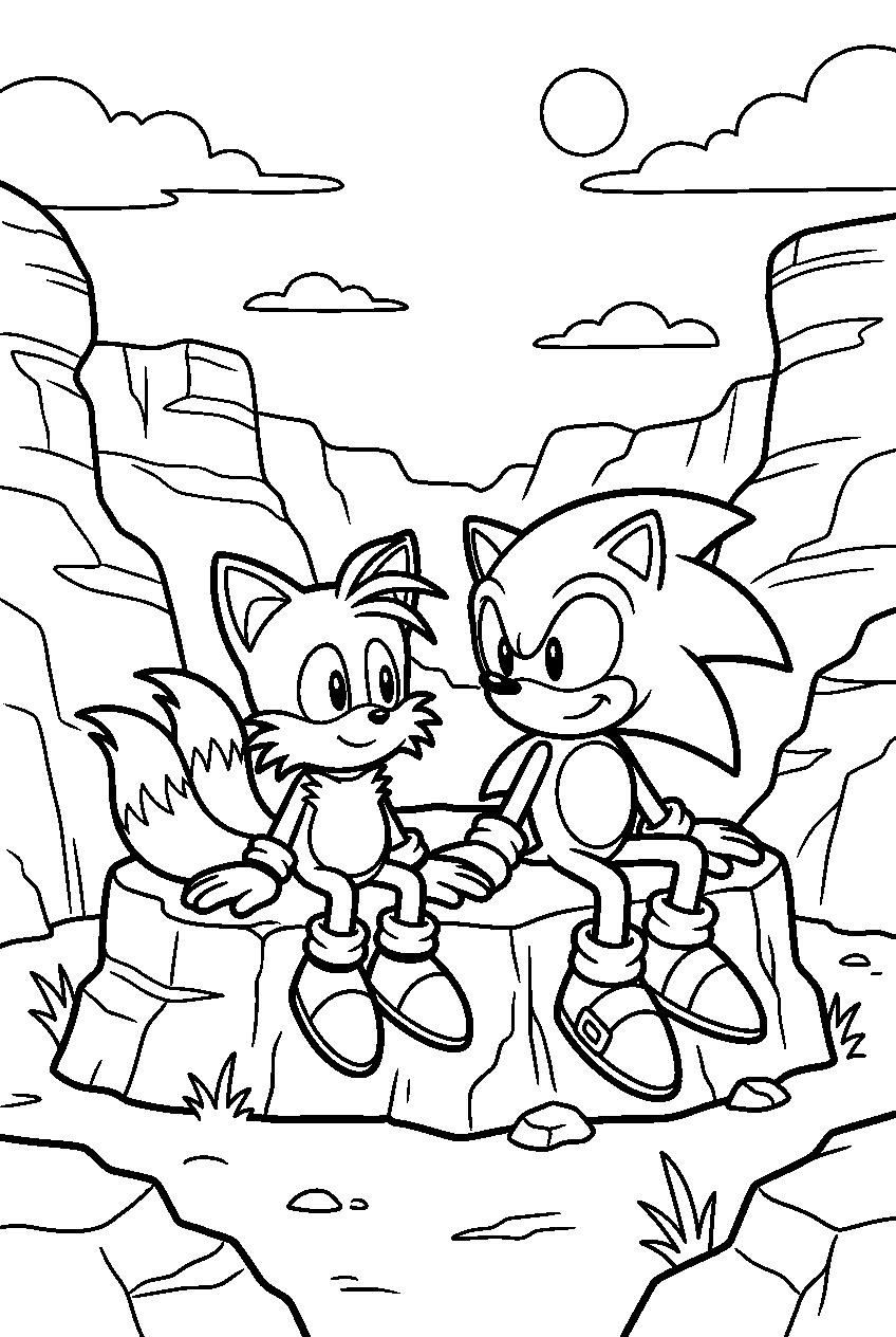 sonic tails sitting in canyon area line art