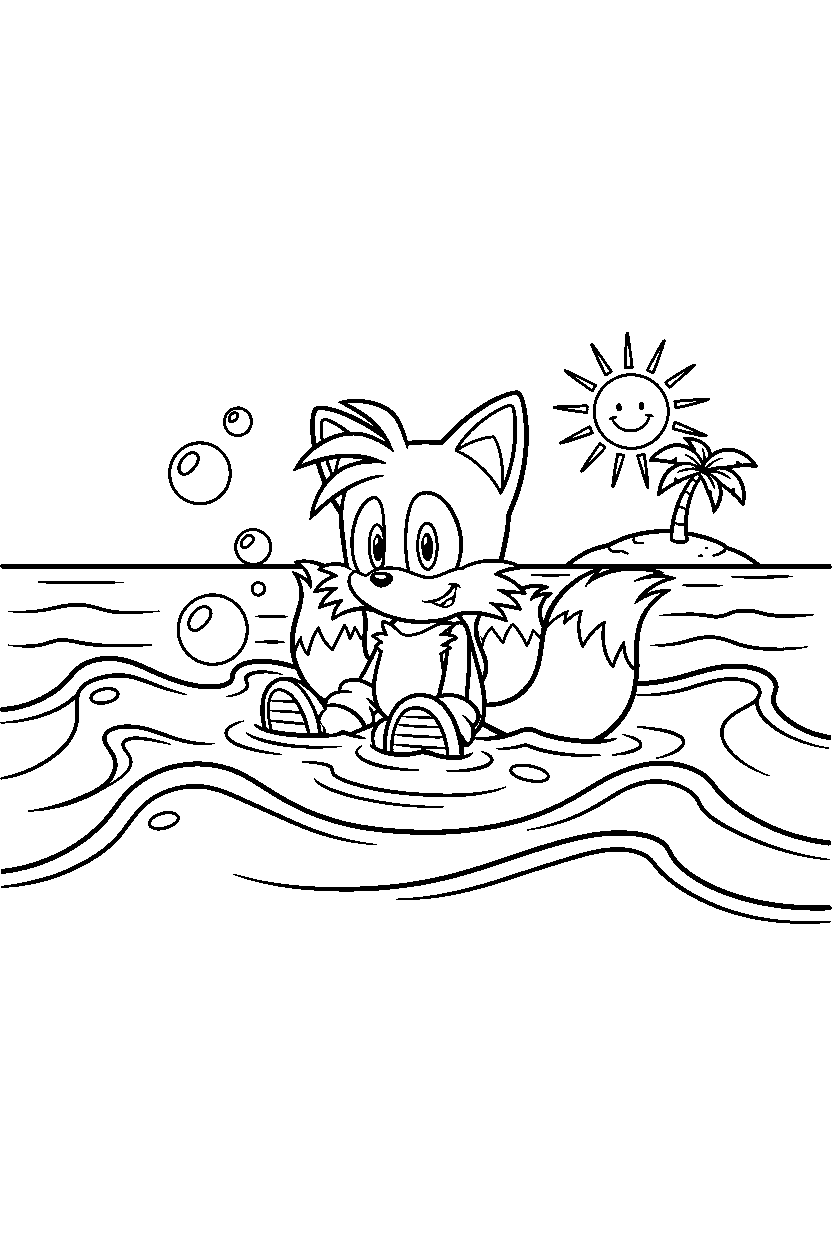 sonic tails sitting in ocean line art