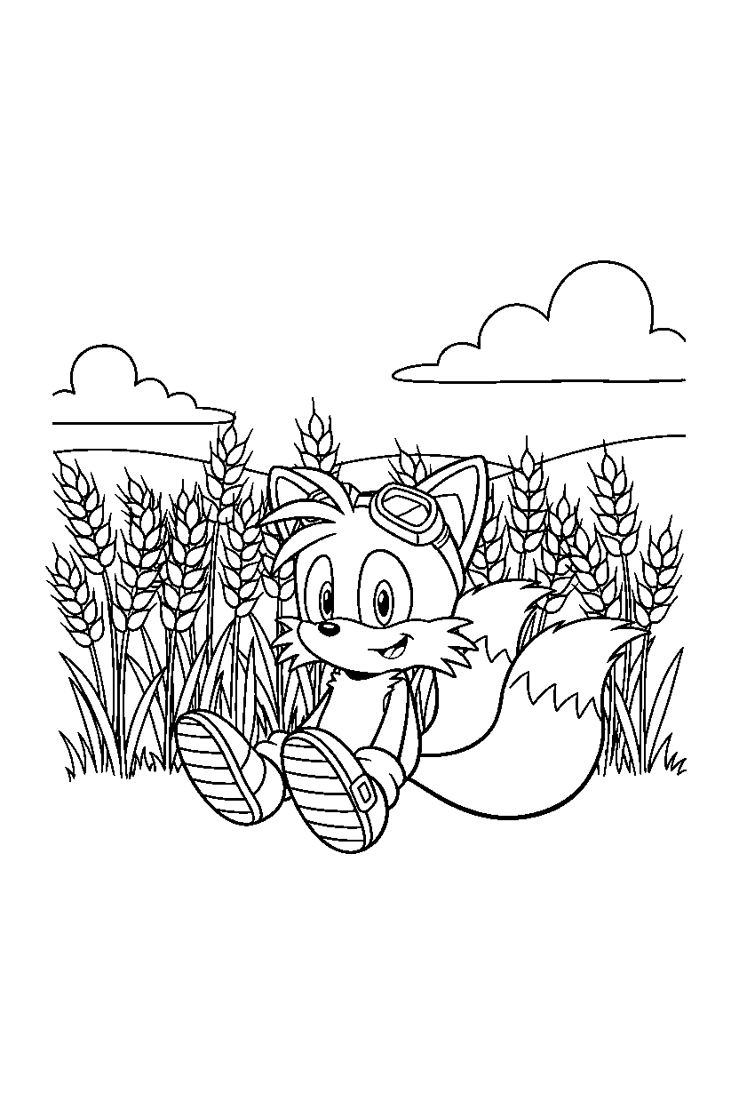sonic tails sitting in wheat field line art