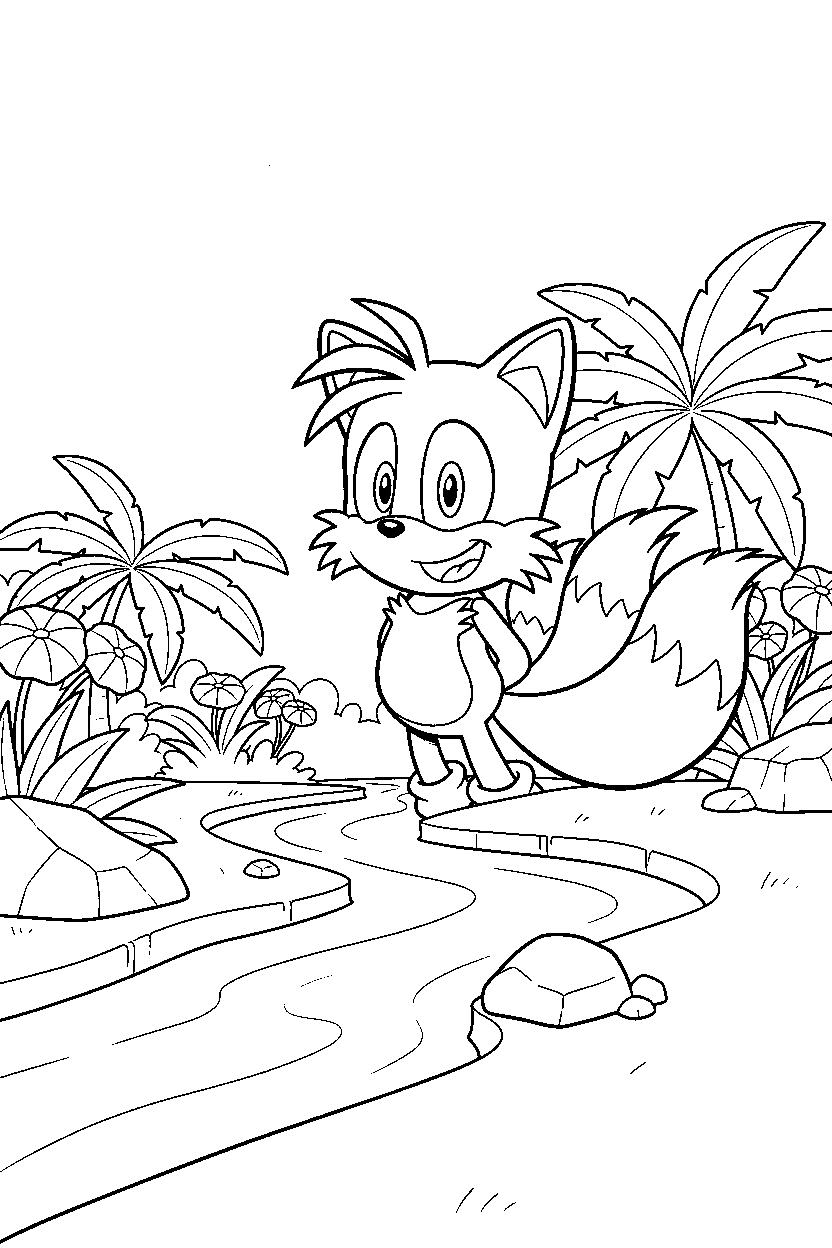 sonic tails smiling happily near a jungle river line art