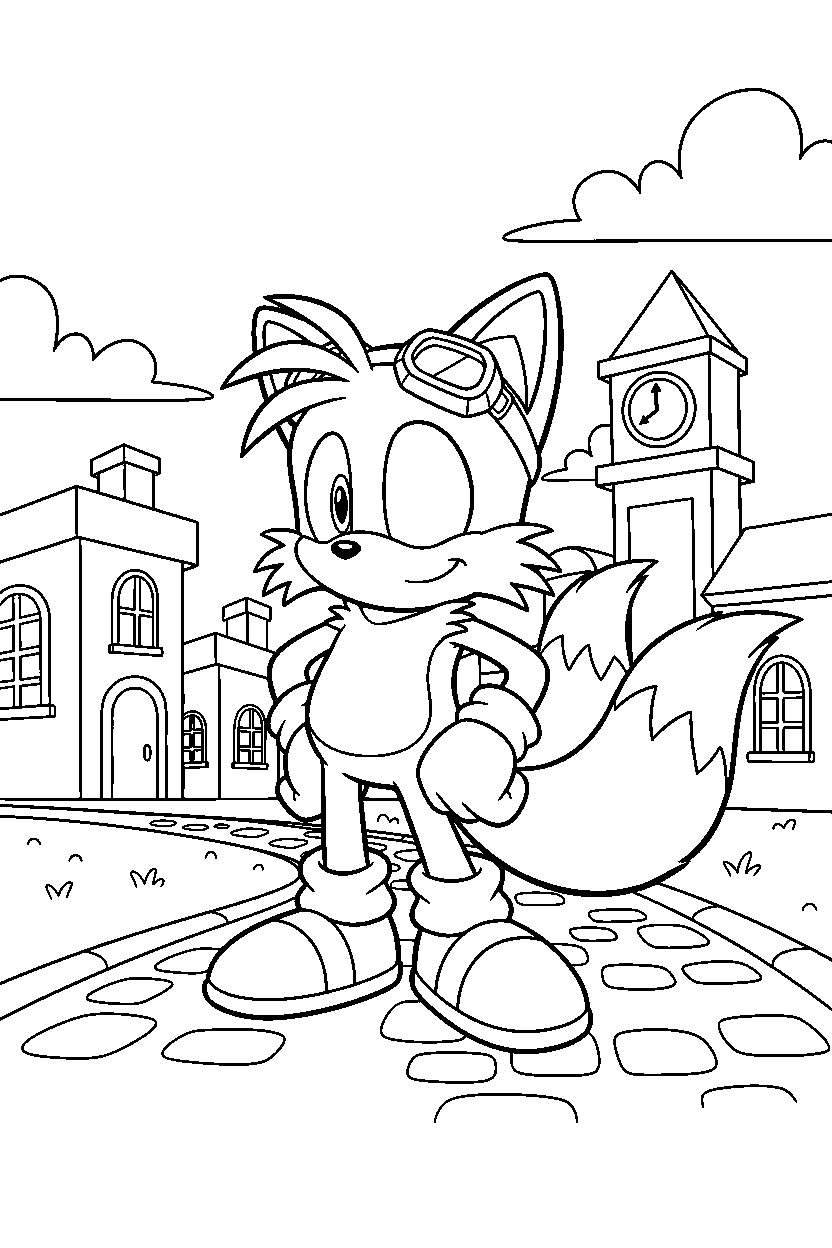 sonic tails standing confidently in town line art