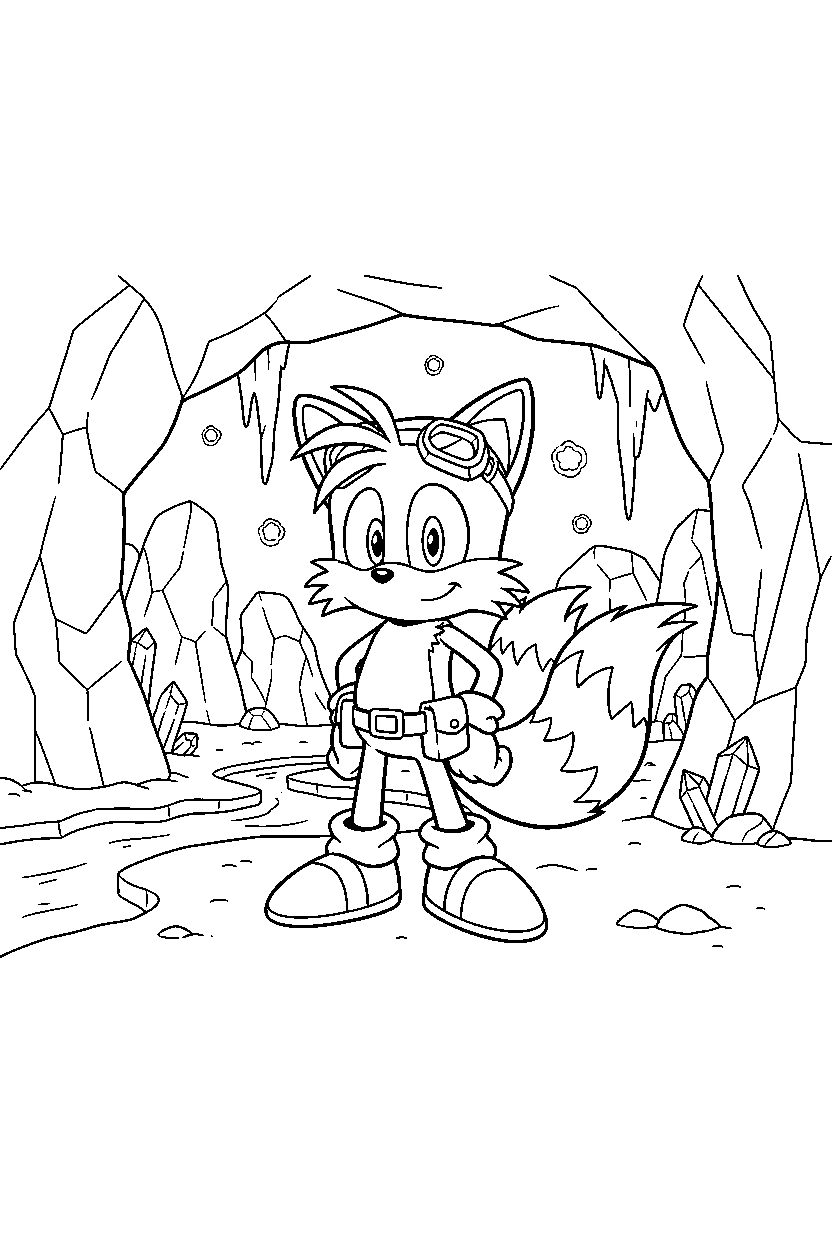 sonic tails standing confidently in underground cave line art