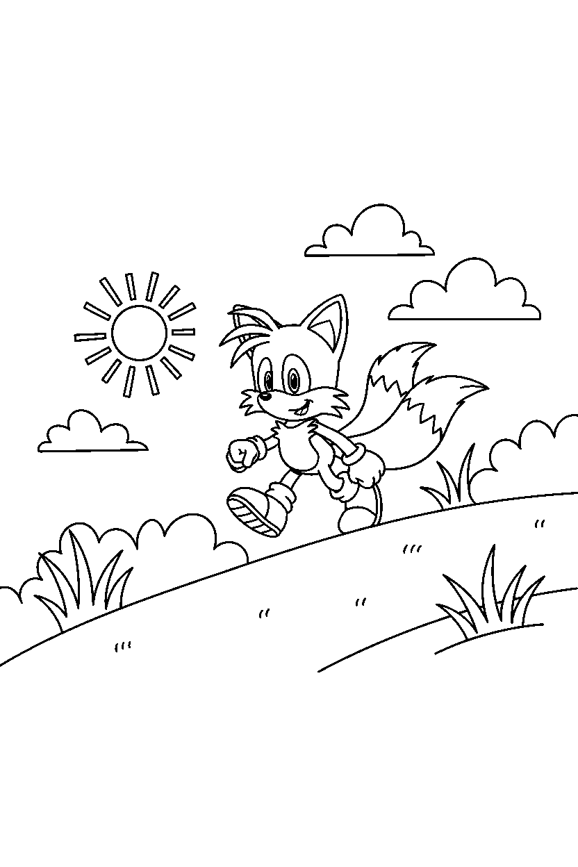 sonic tails walking happily on a bright hillside line art