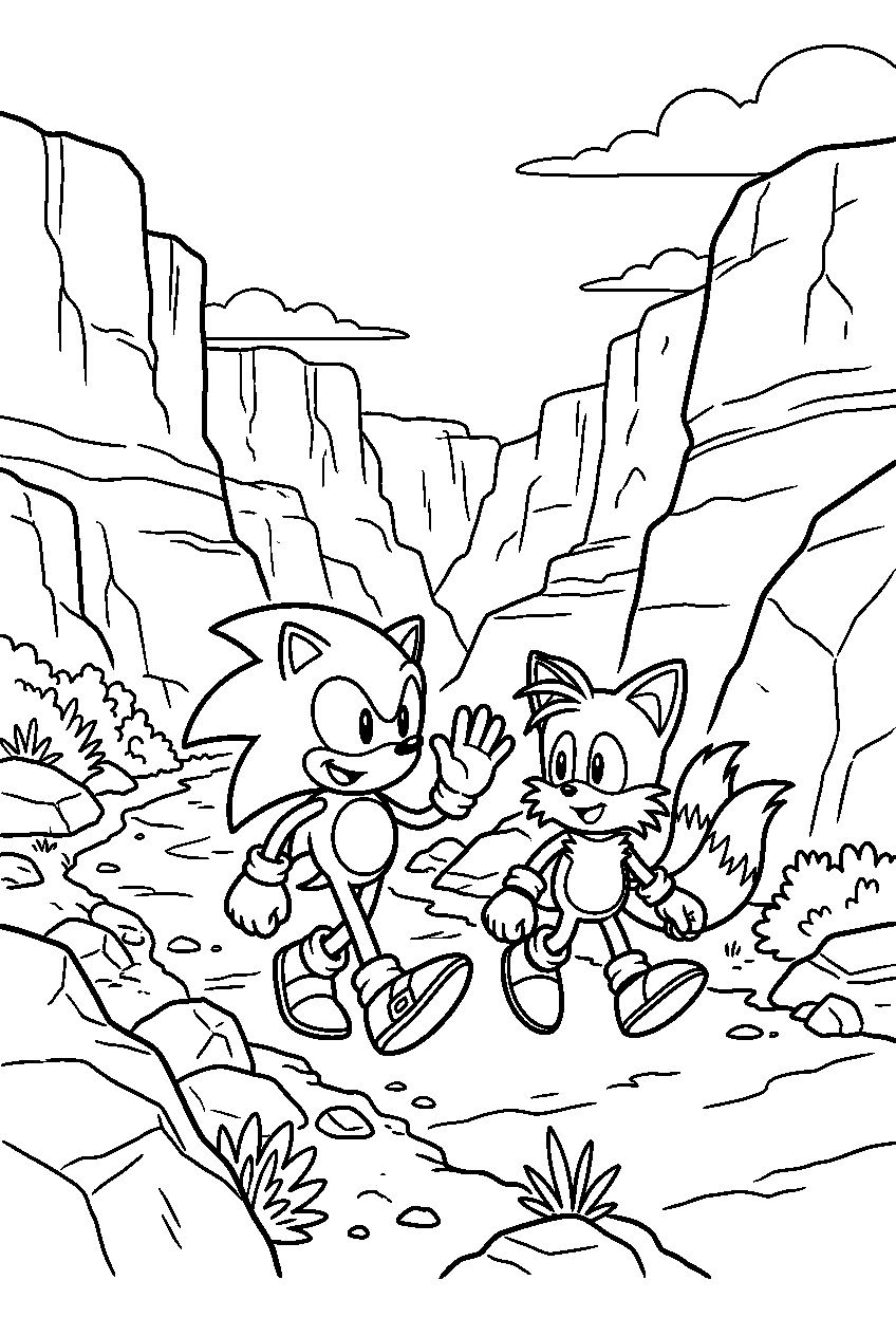 sonic tails walking in canyon area line art